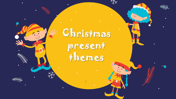Christmas slide with three cheerful elves in festive outfits around a yellow circle on a navy background with snowflakes.
