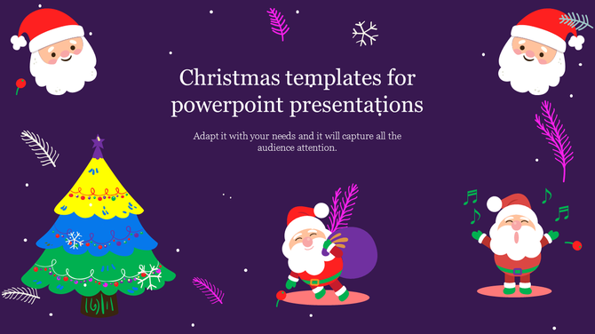 Purple Christmas slide with cartoon Santas, decorated tree, snowflakes, leaves, and festive icons around the center text.
