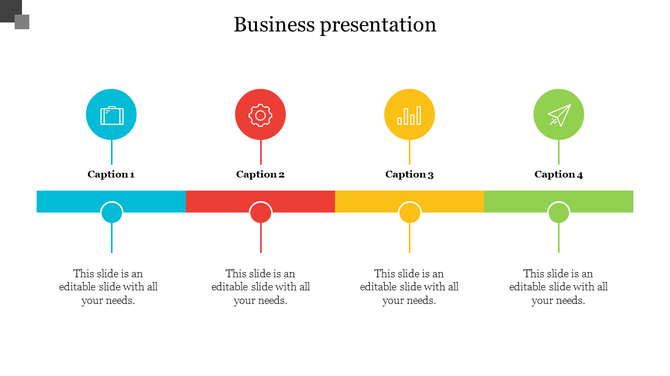 Slide with four colorful segments in blue, red, yellow, and green, each with a circular icon and text sections below.