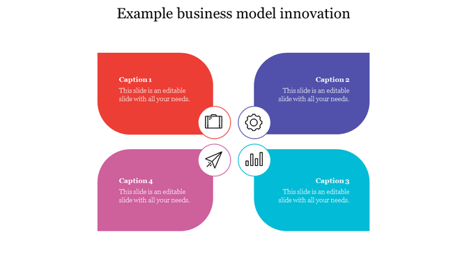 Business model innovation slide featuring four colored sections labeled with captions and icons for various concepts.