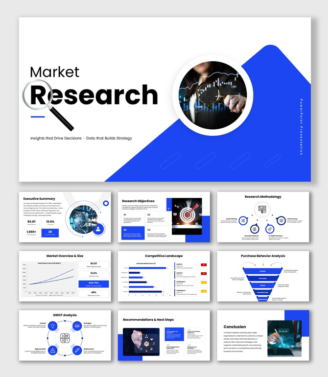 Market Research slide with magnifier, charts, blue shapes, icons, circular image, and structured text holders.