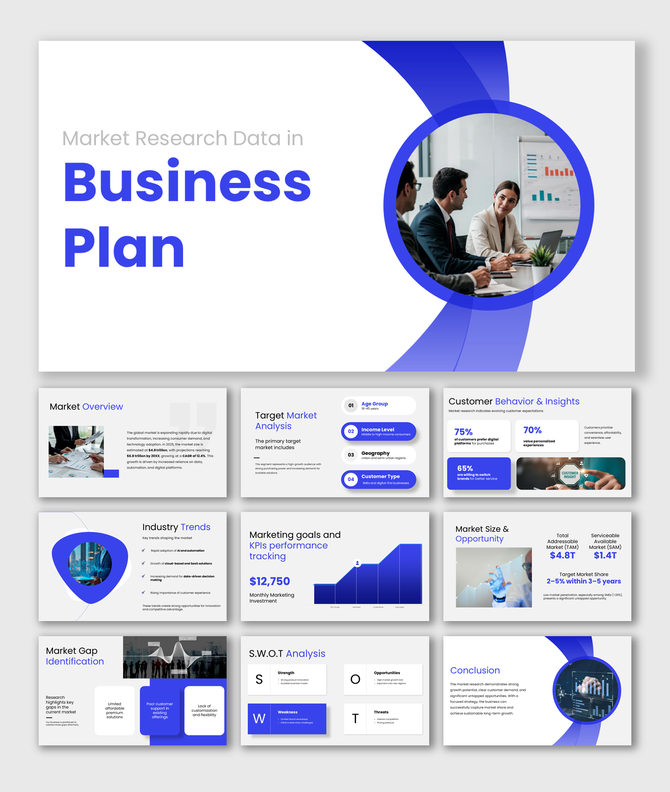 Market research business plan PPT covering overview, target analysis, trends, KPIs, market size, SWOT, and insights.