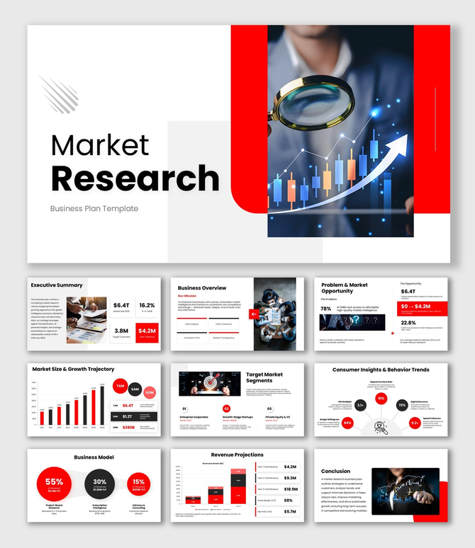 market research business plan slide with red theme, magnifier, charts, arrow growth, icons, and structured text holders.