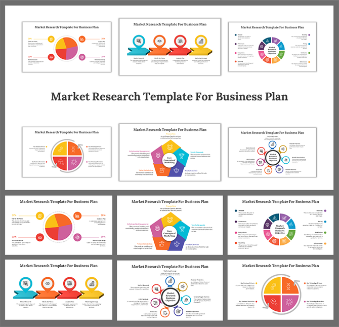  Slide deck on market research templates, showing pie charts, flow diagrams, and circular graph in various colors.