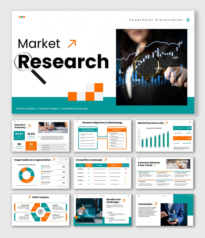 market research slide with teal orange theme, magnifier, charts, icons, arrows, and structured text holders.