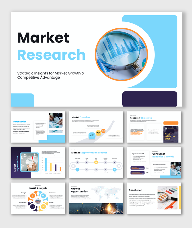 Market research slide template covering overview, objectives, segmentation, consumer trends, SWOT, and growth insights