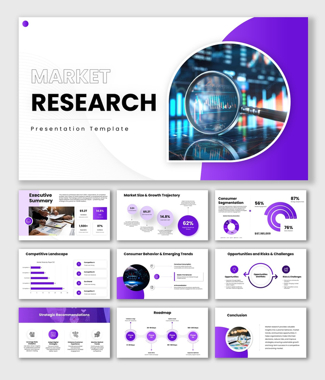 market research slide with purple theme, magnifier, charts, circular image, and structured text holders.