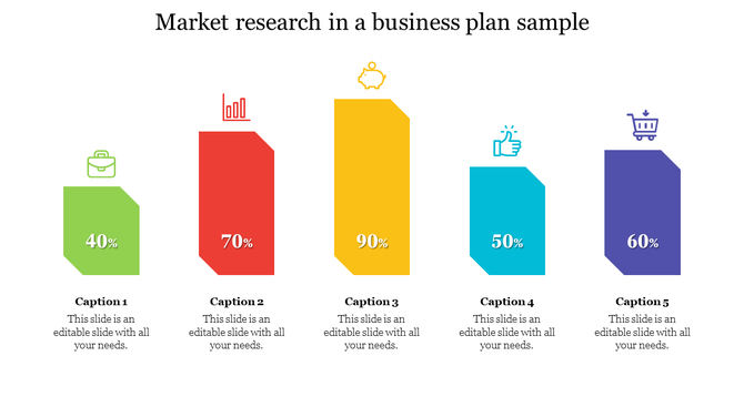 Five vertical bar shapes in green, red, yellow, blue, and purple with icons representing business and market research.