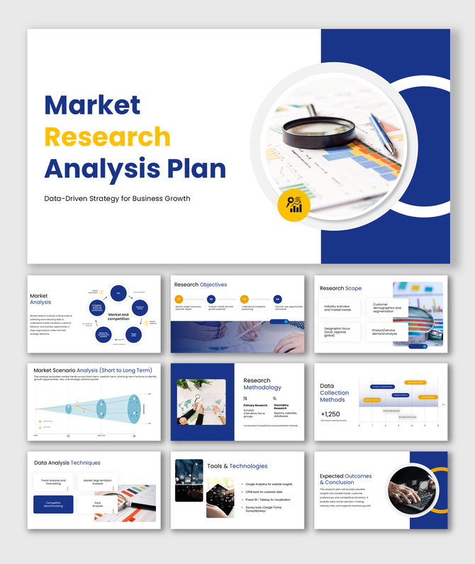 Market research analysis plan PPT covering objectives, scope, methodology, data collection, tools, and insights.