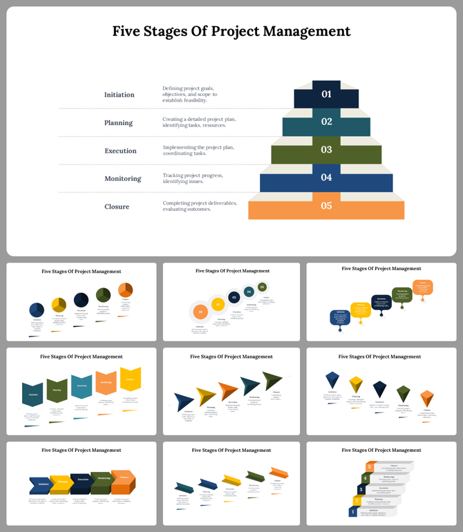 Slide deck with colorful shape layouts and icons, displaying project management stages in a clean, structured layout.