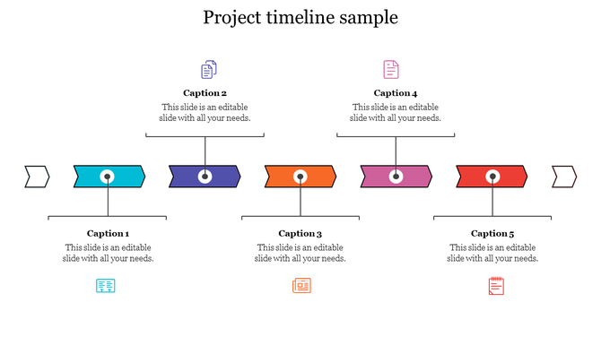 Horizontal project timeline with five colored arrow segments, each labeled with captions and icons above or below the line.