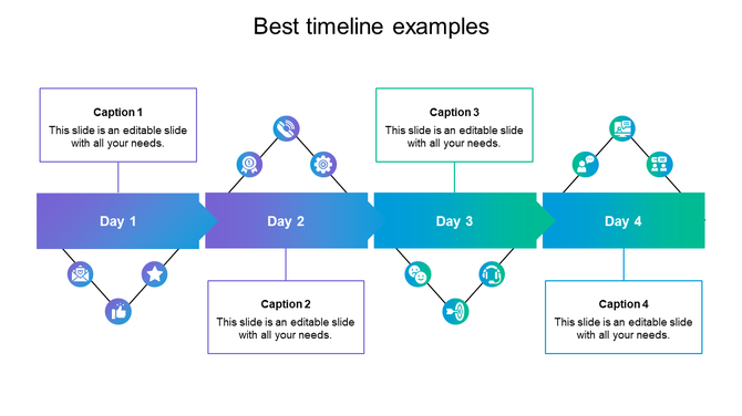Four day timeline infographic PPT slide with gradient arrows and icons for each step with captions and placeholder text.