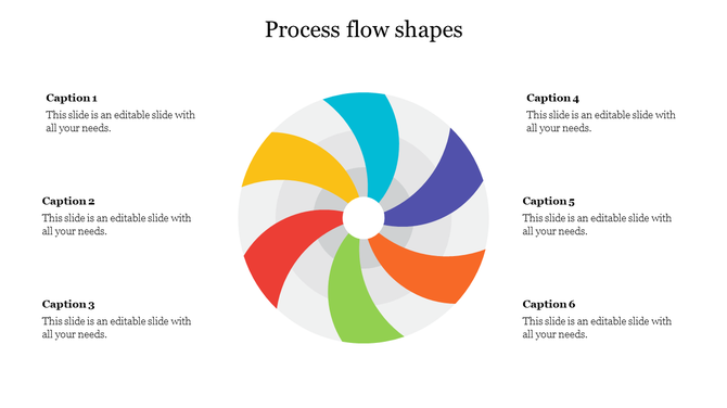 A colorful process flow diagram slide with six caption sections, featuring a wheel design with six differently colored segments.