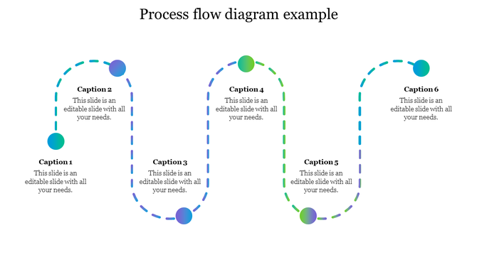 Process flow diagram template with six steps in a circular design with captions.