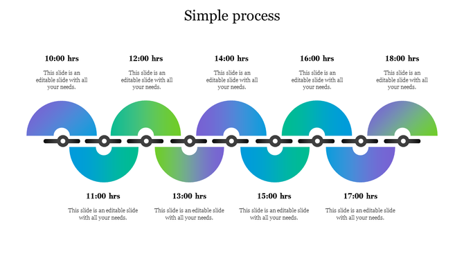 Colorful circular process diagram with eight linked time segments, each marked with an hour and  placeholder text areas.