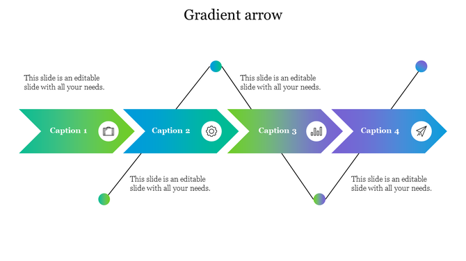 Four gradient arrows slide connected in a sequence, each containing icons and caption text.