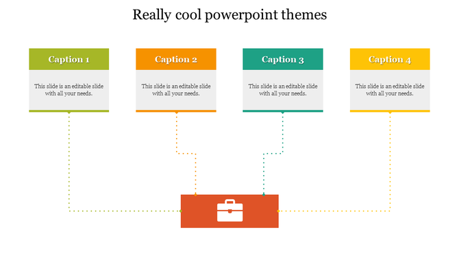 Slide with four rectangular shapes in green, orange, teal, and yellow, connected by dotted lines to a central red briefcase.