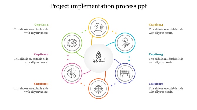 Circular project implementation diagram with colorful icons and caption area ideal for illustrating workflow steps.