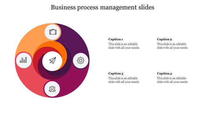 Spiral business diagram in red, orange, and purple tones with center icon and five circular icons connected to side captions.