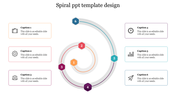 Spiral infographic with six numbered hexagons in gradient colors, linked to caption boxes with icons on both sides.