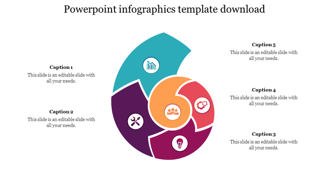A colorful infographic PowerPoint template featuring circular segments with icons and text areas on a white backdrop.