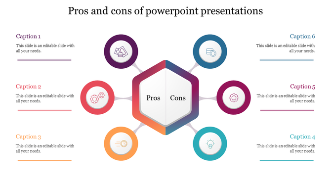 Split pros and cons layout with icons and captions in a symmetrical circular flow around a central hexagonal element.