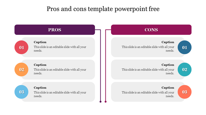 Pros and cons slide with three points each, showing colorful numbered captions and text areas on a white background.