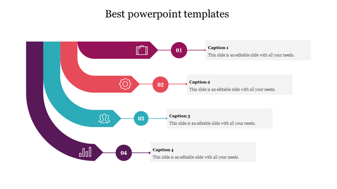 Best slide with four segments featuring icons for a briefcase, gear, people, and graph, in purple, red, teal, and blue.
