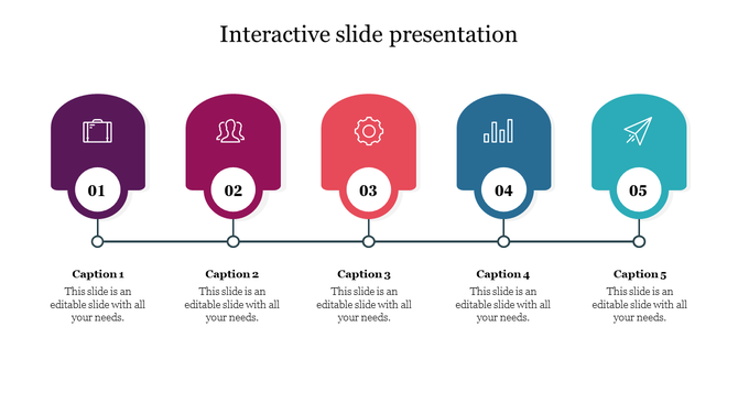 Interactive slide segments with icons and captions connected by a horizontal line, forming a numbered interactive flow. 