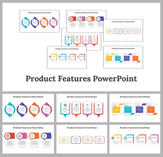 A collage of various products features PowerPoint templates showcasing different slide designs and colorful layouts.
