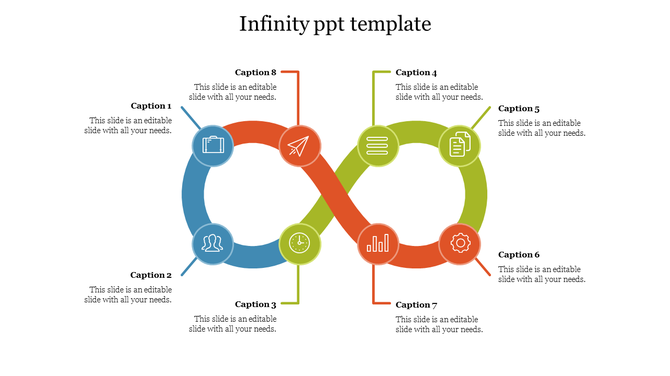 Colorful infinity loop infographic with eight icons and captions arranged around the loop in blue, green, and red tones.