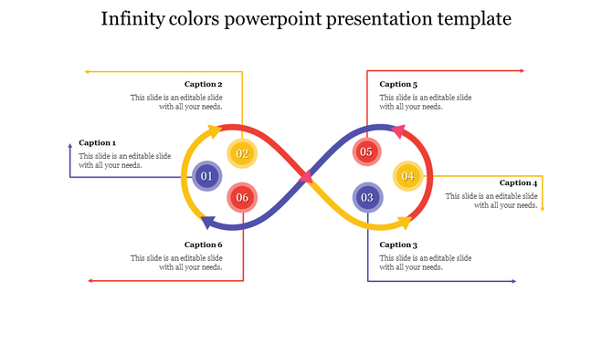 PowerPoint template featuring a colorful infinity loop design with numbered sections and captions on a white backdrop.