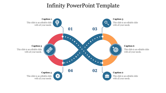 Infinity PowerPoint template featuring an infinity loop design with six numbered captions and corresponding icons.