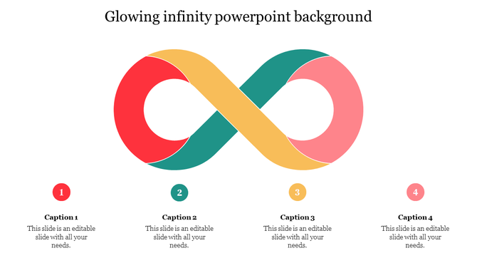 Four color glowing infinity loop in red, teal, yellow, and pink, with matching numbered captions aligned below each section.