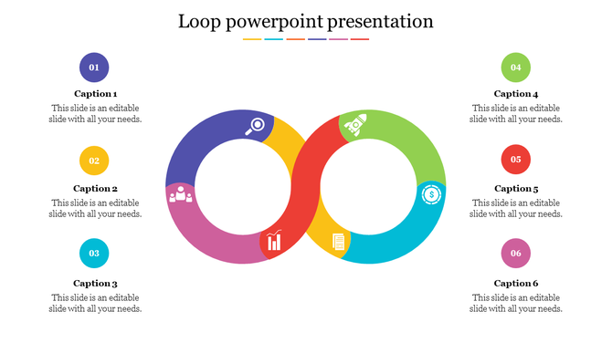 Colorful loop diagram PowerPoint slide with numbered sections for placeholder text on a white backdrop.