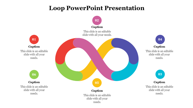 Multicolored infinity loop illustration with six labeled circles around it, each in a different color.