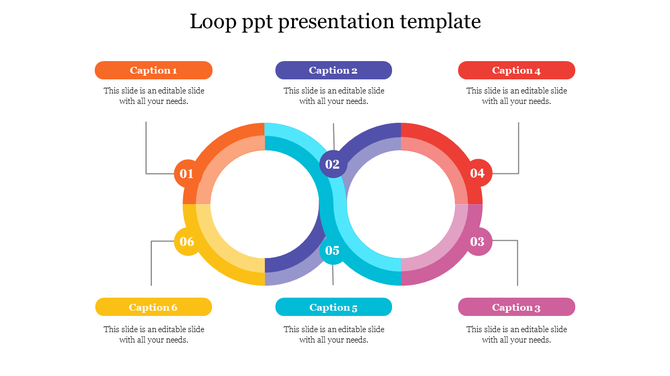 Colorful loop PowerPoint presentation template with six numbered sections for text on a white backdrop.