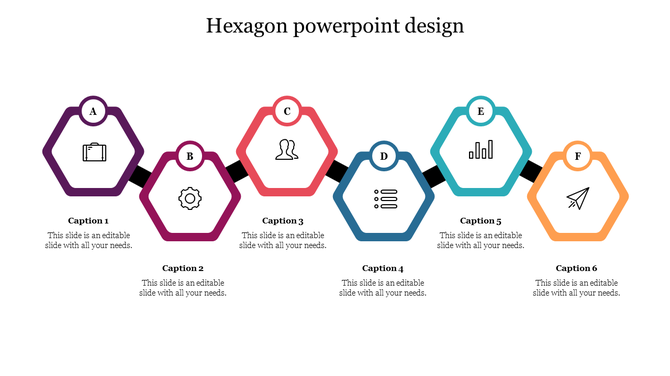 Hexagonal layout with six colorful sections labeled A to F, in purple, pink, orange, blue, teal, and yellow.