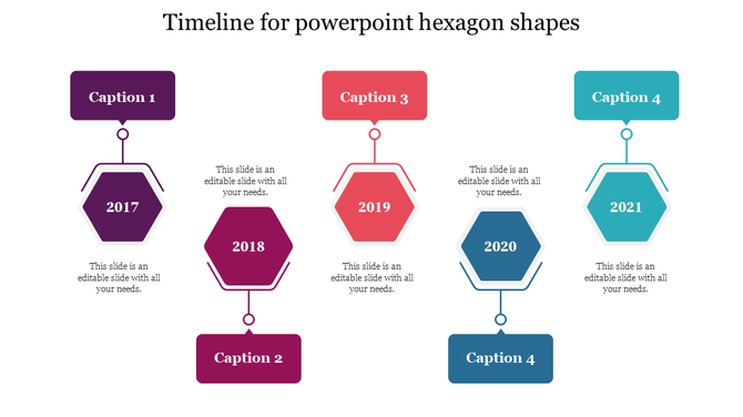 Timeline design with hexagon shapes representing years 2017 to 2021, each linked to captions areas above. 
