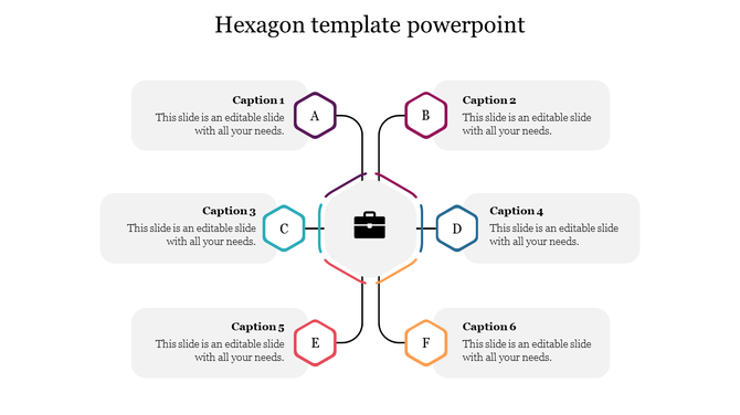 Central black briefcase icon with six surrounding hexagonal shapes in different colors, connected to captions.