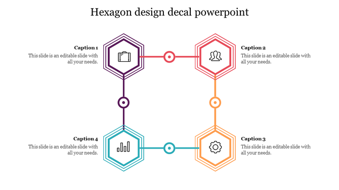 Hexagon PowerPoint template design with connected sections for business themes with color coded icons and captions.