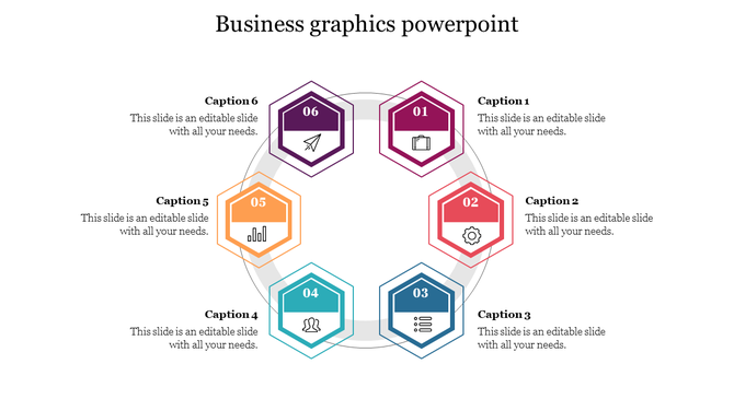 Hexagon infographic with six numbered icons in a circular layout, each linked to a caption box around the outer edge.