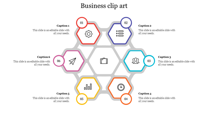 Business clip art slide with six interconnected hexagons featuring icons and numbered captions areas.