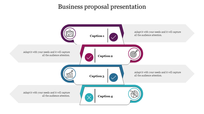 Business proposal slide with four horizontal shapes in purple, red, blue, and green, with icons and text blocks.