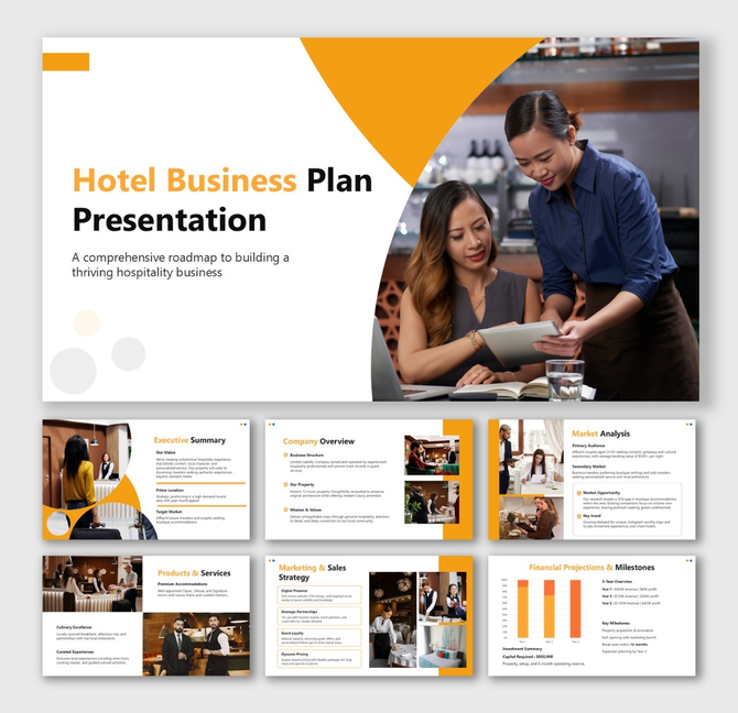 Hotel Business Plan Presentation with orange theme, staff images, charts, and structured text blocks.