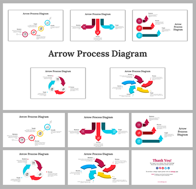 A pack of arrow process diagram slides with icons and text descriptions with different colorful layout designs.