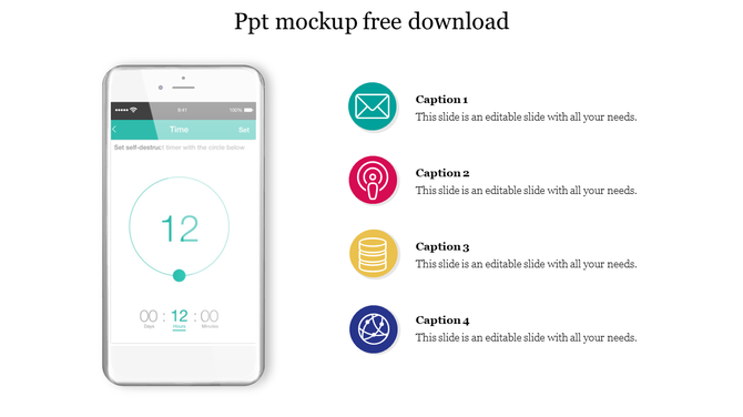 Smartphone mockup displaying a timer app with 12 hours set, accompanied by four colored icons with caption areas.