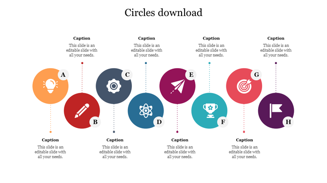 Infographic with eight colorful circles, each containing an icon and labeled from A to H, connected to captions.