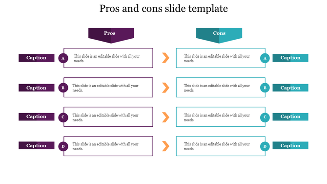 Slide design showcasing a structured pros and cons format, including captions and an arrow linking each slide.