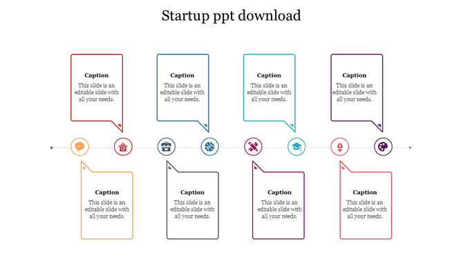A colorful startup PPT template featuring various sections with icons representing key business concepts with captions.